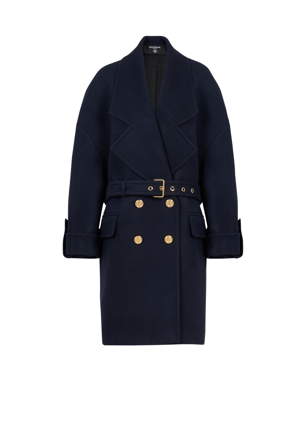 Wool and cashmere pea coat with double-breasted gold-tone buttoned fastening, navy, hi-res