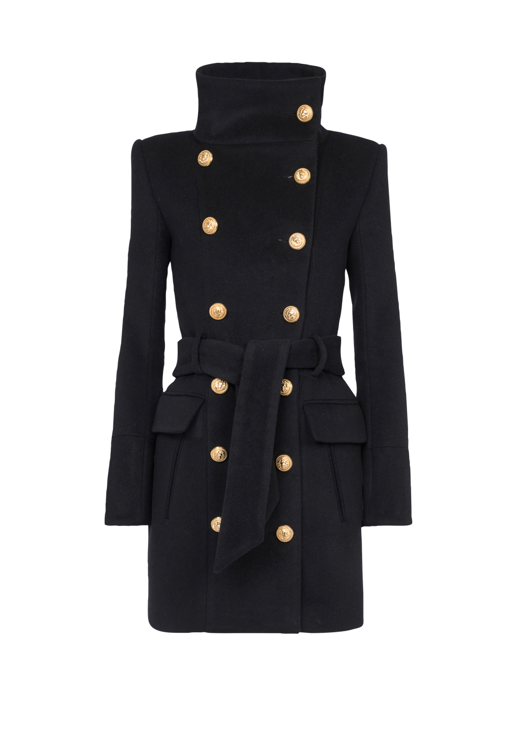 Long wool coat with double-breasted gold-tone buttoned fastening, black, hi-res