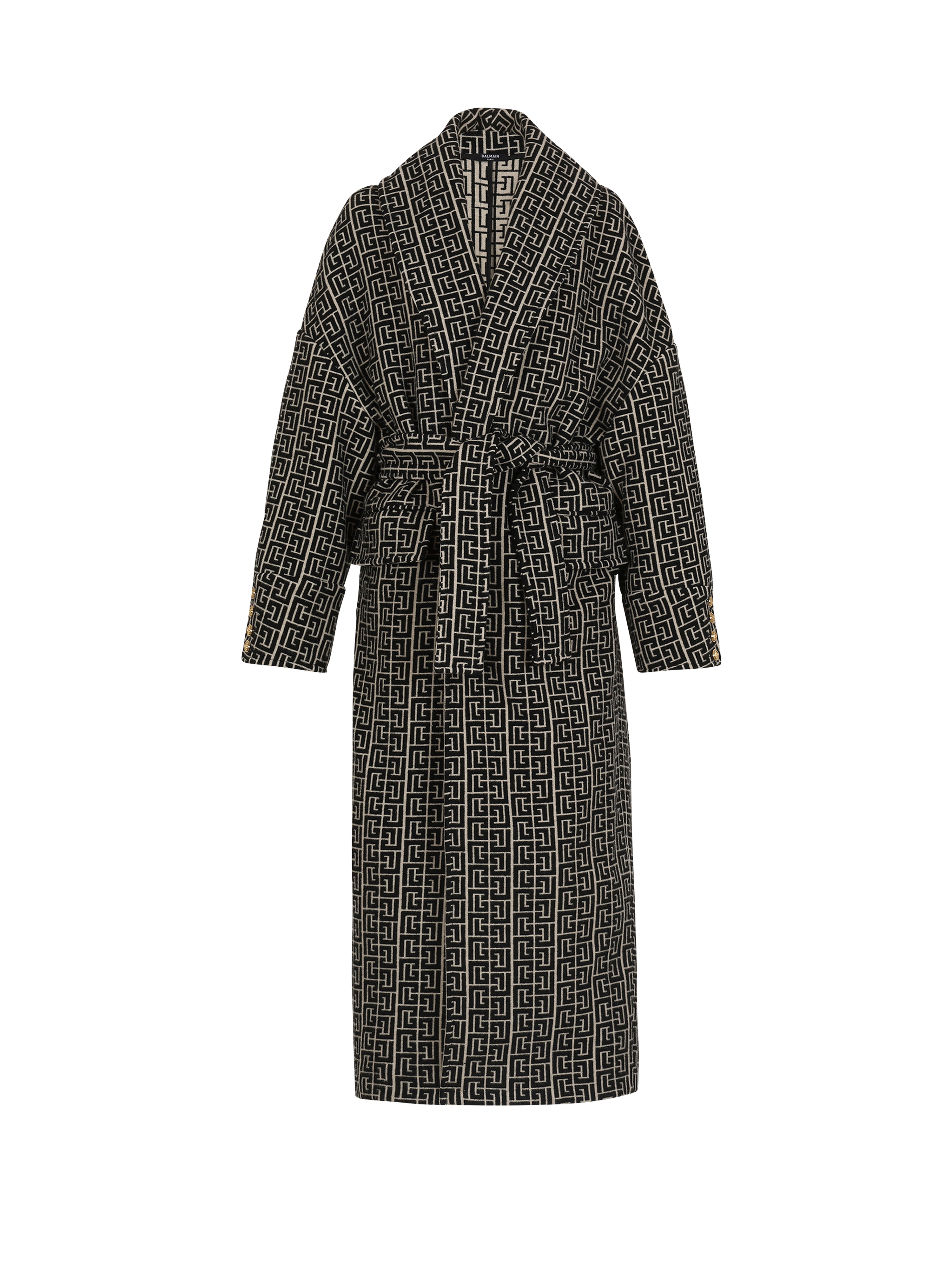 Balmain print monogram wool coat, black
