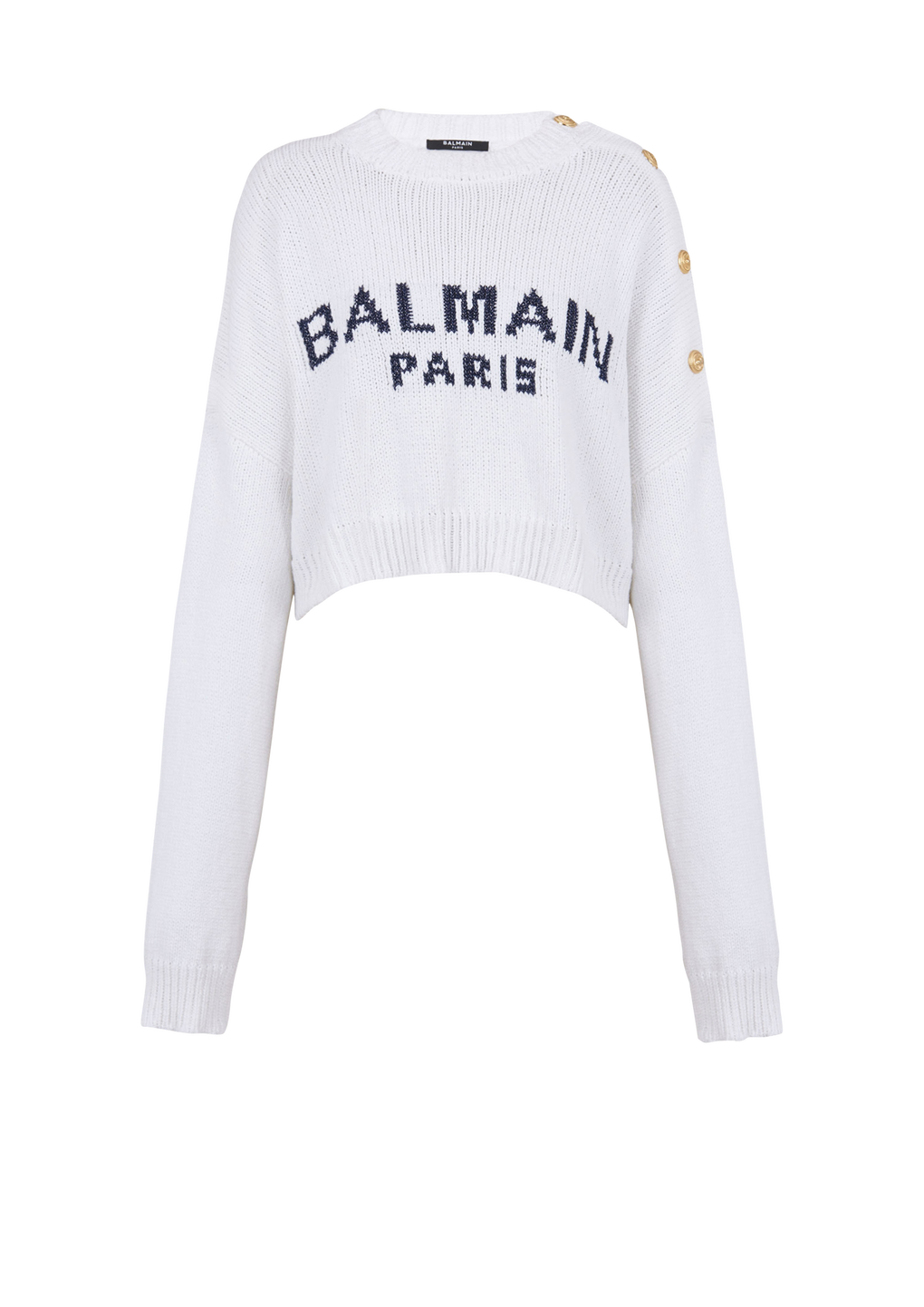 HIGH SUMMER CAPSULE - Cropped knit sweater with Balmain logo print, white, hi-res