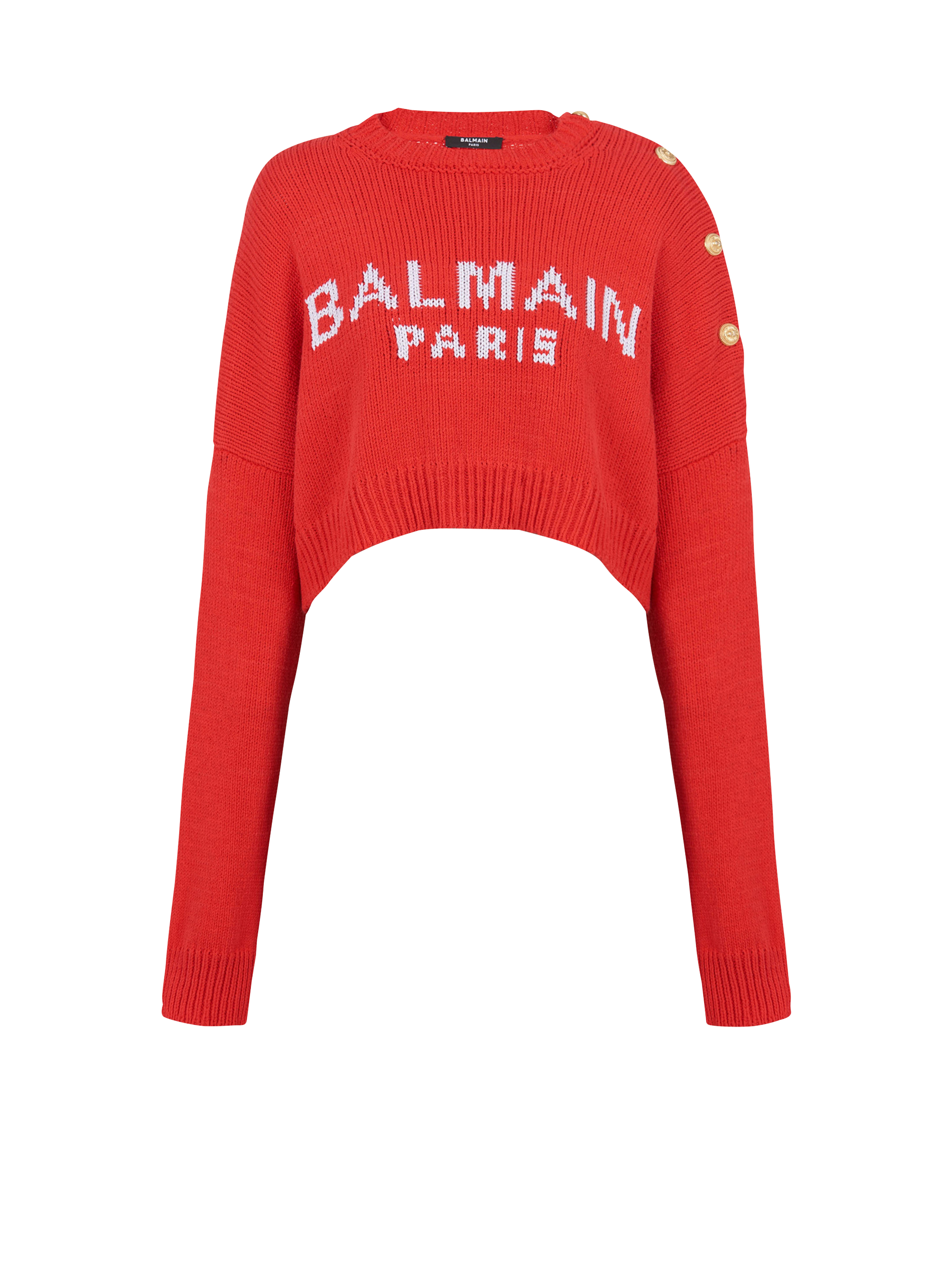 HIGH SUMMER CAPSULE - Cropped knit sweater with Balmain logo print, red