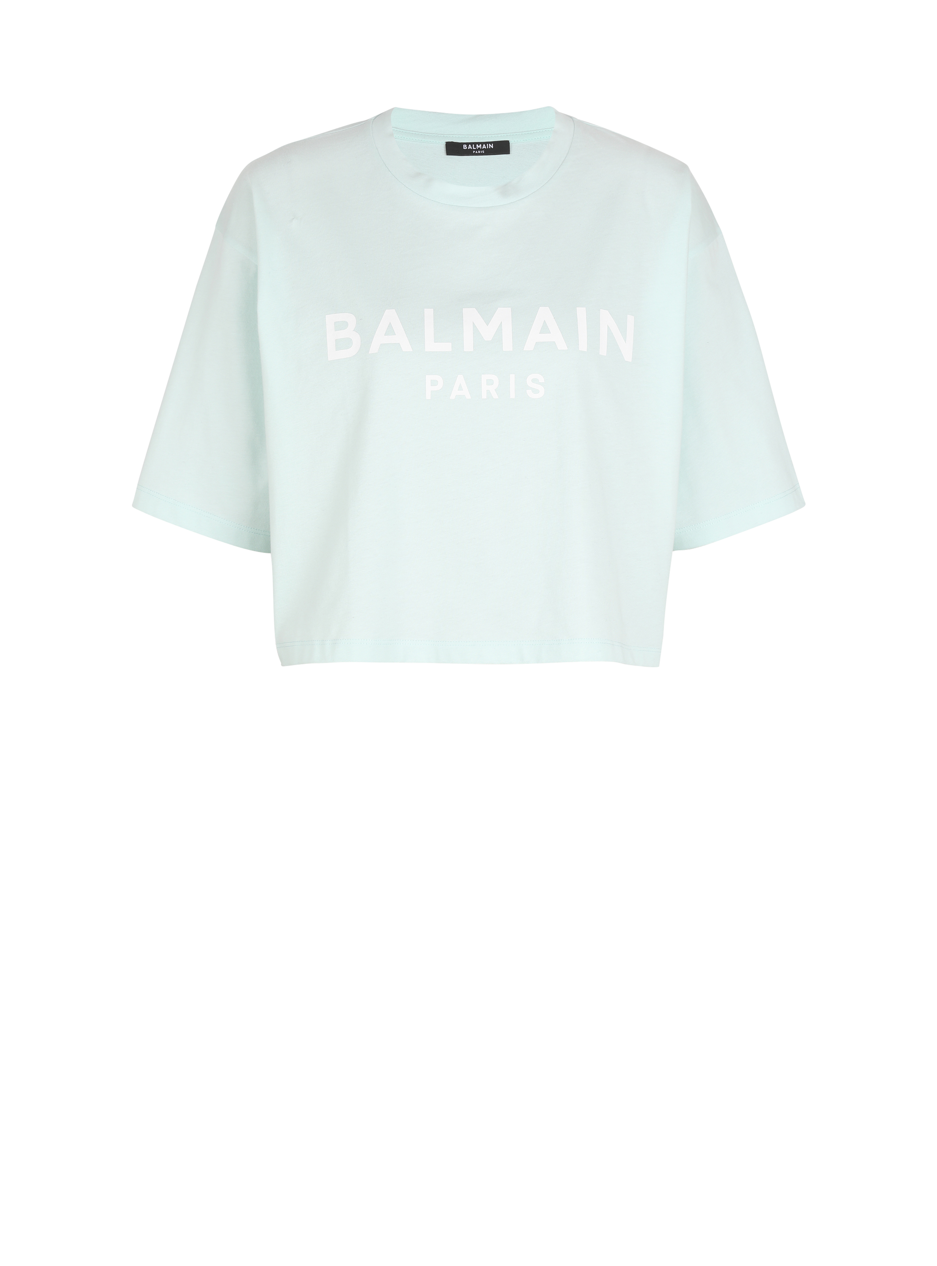 Cropped eco-designed cotton T-shirt with Balmain logo print, green