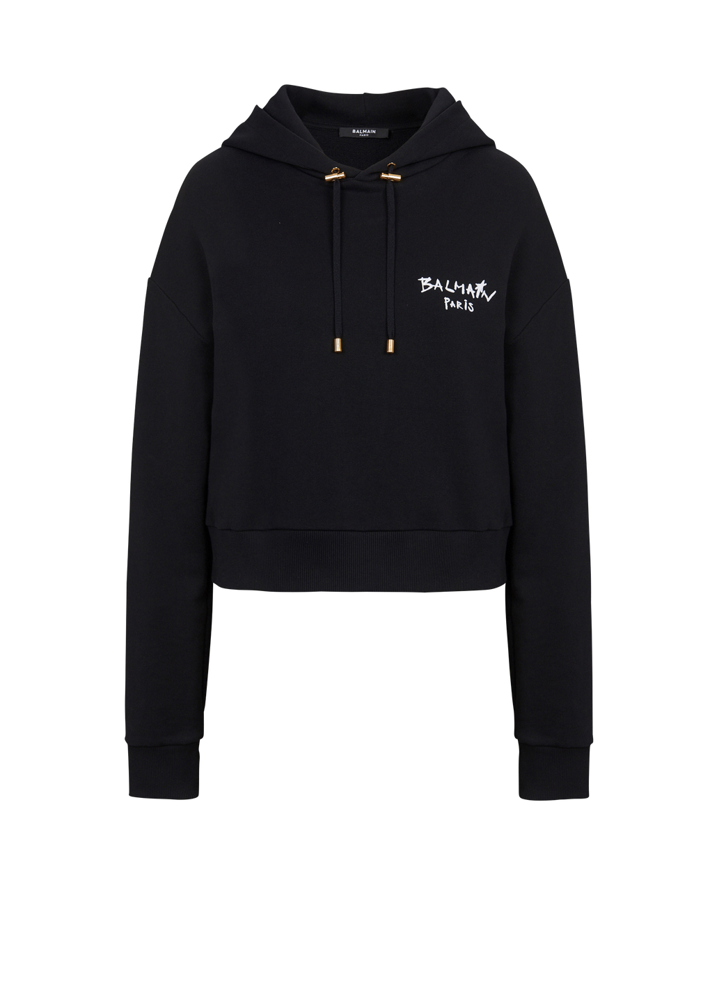 Cropped eco-design cotton sweatshirt with flocked graffiti Balmain logo, black, hi-res